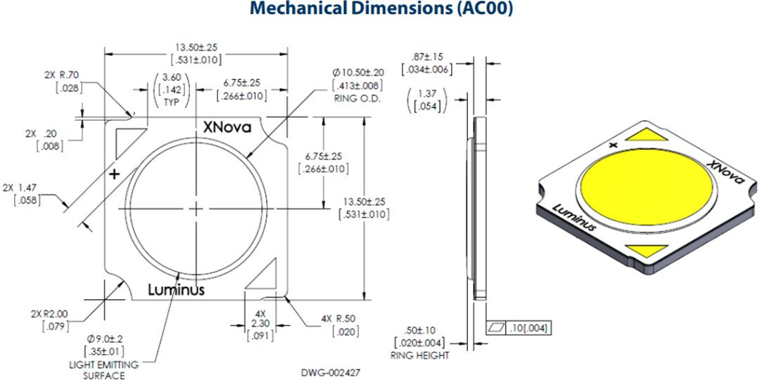 Mechanical Drawing - Luminus Devices CLM-9 COB  & CXM-9 XNova™ COB Array White LEDs