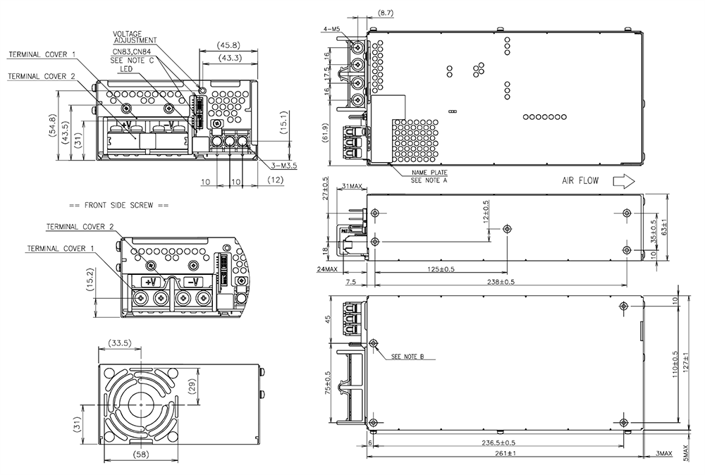 Mechanical Drawing - TDK-Lambda CUS1500M Medical & Industrial Power Supplies