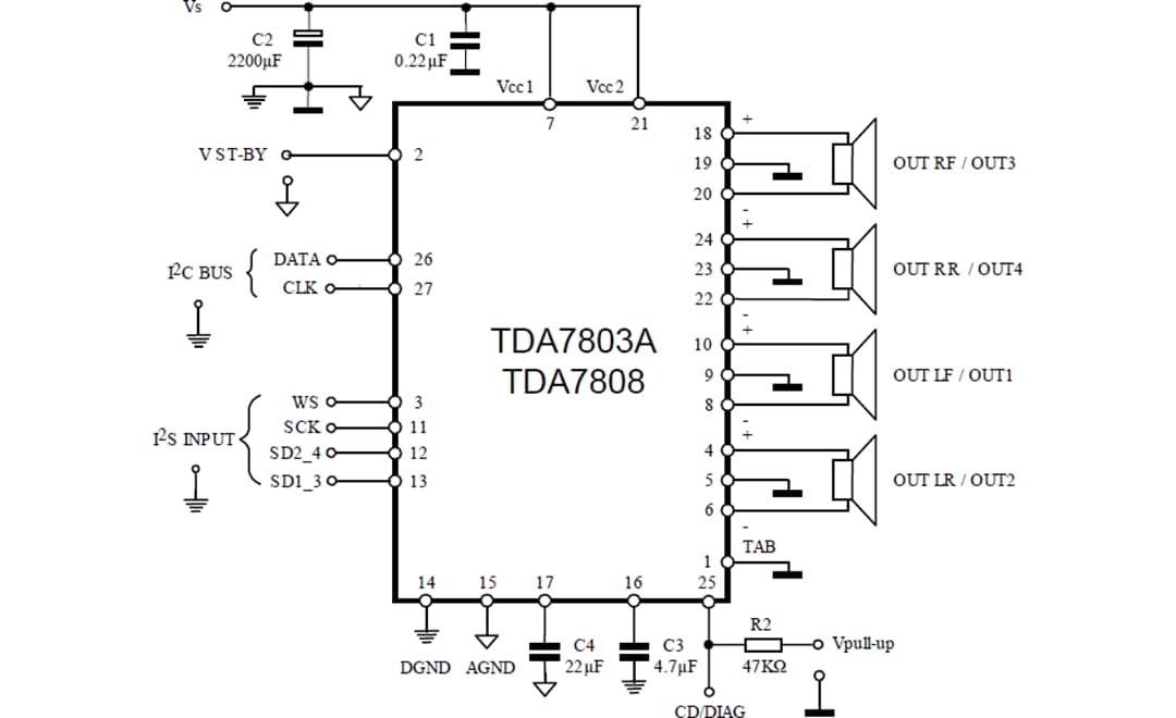 Application Circuit Diagram - STMicroelectronics EVAL-TDA7803A Evaluation Board