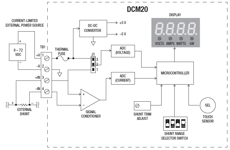 Schematic - Murata Power Solutions DCM20 Three-Function DC Power Meters