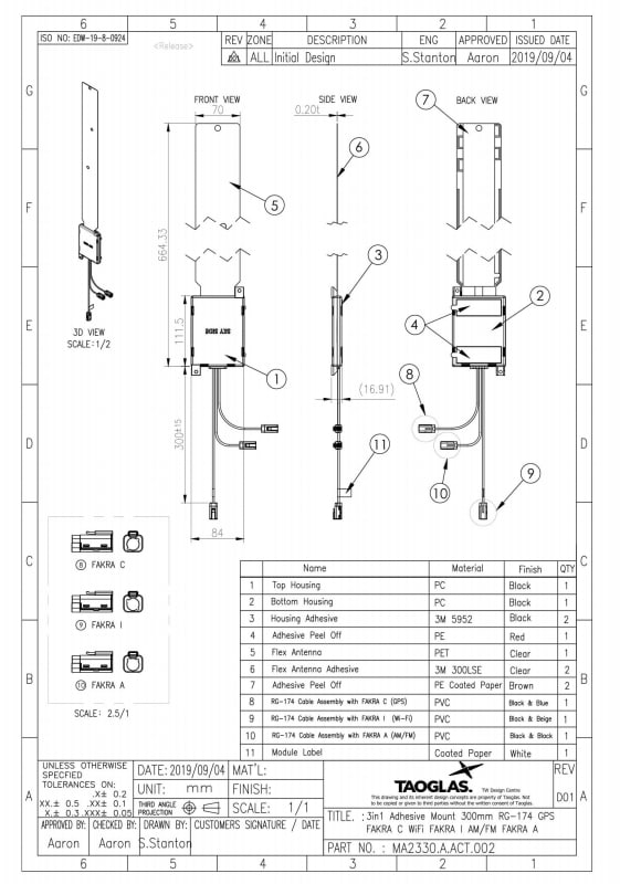 Mechanical Drawing - Taoglas MA2330 3-in-1 Headliner Adhesive Antenna