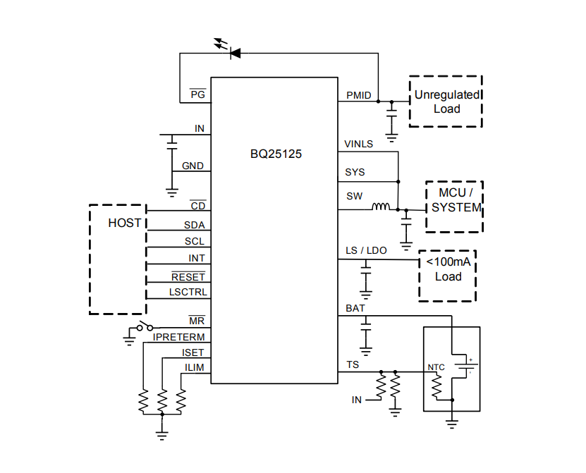 Schematic - Texas Instruments bq25125 Battery Charge Management ICs