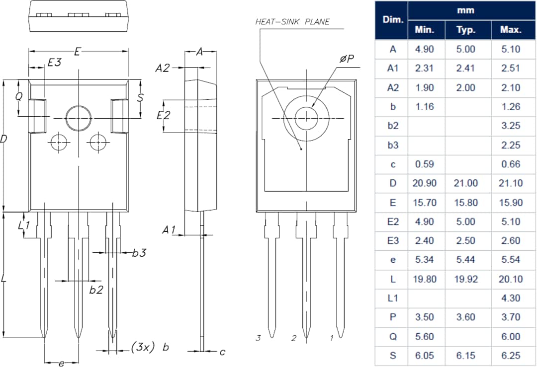 Mechanical Drawing - STMicroelectronics STWA70N65DM6 N-Channel 650V 68A Power MOSFET