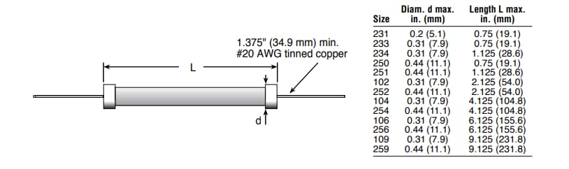 Mechanical Drawing - Ohmite 100 & 200 Series Bulk Ceramic Axial Lead Resistors