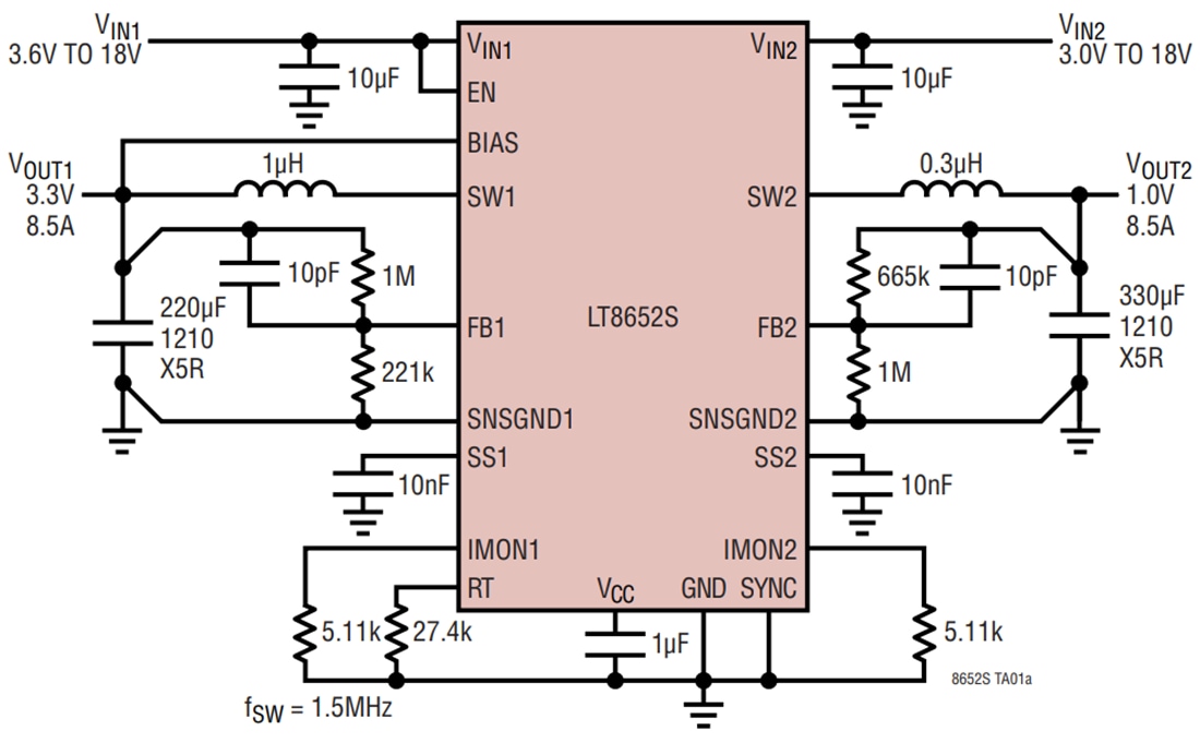 Application Circuit Diagram - Analog Devices Inc. LT8652S Step-Down Silent Switcher® Regulators