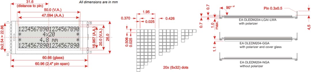 Mechanical Drawing - DISPLAY VISIONS EA OLEDM204 OLED Display Modules