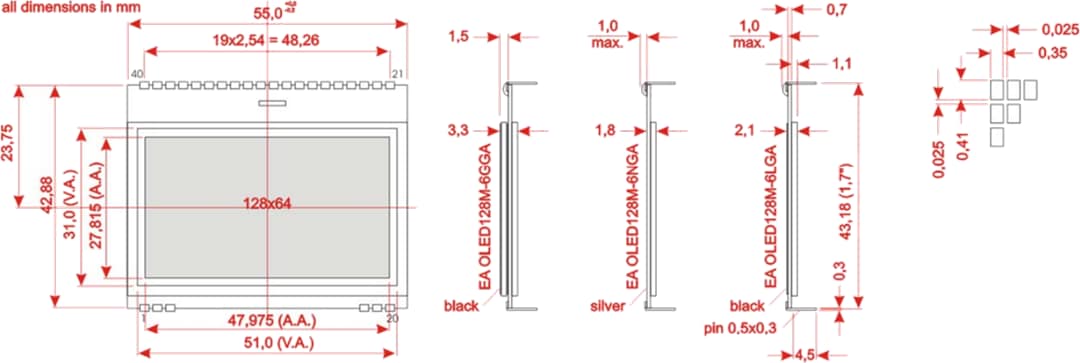 Mechanical Drawing - DISPLAY VISIONS EA OLEDM128-6  OLED Display Modules