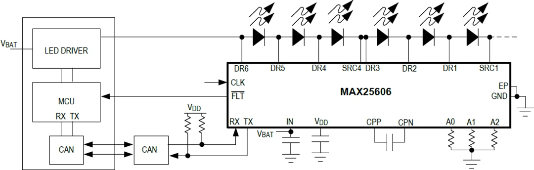 Application Circuit Diagram - Analog Devices / Maxim Integrated MAX25606 6-Switch Matrix Manager for LED Lighting
