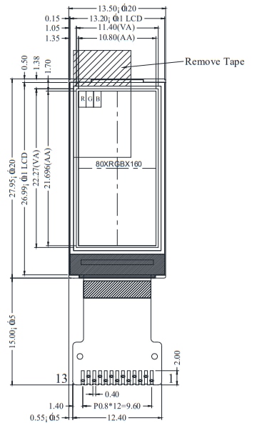 Mechanical Drawing - DISPLAY VISIONS TFT009-81AINN LCD Color Display
