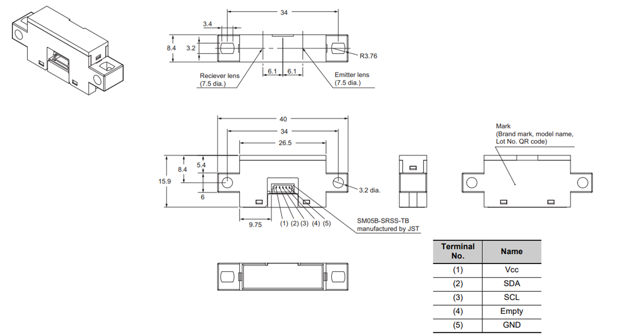 Mechanical Drawing - Omron Electronics B5WC Color Sensor
