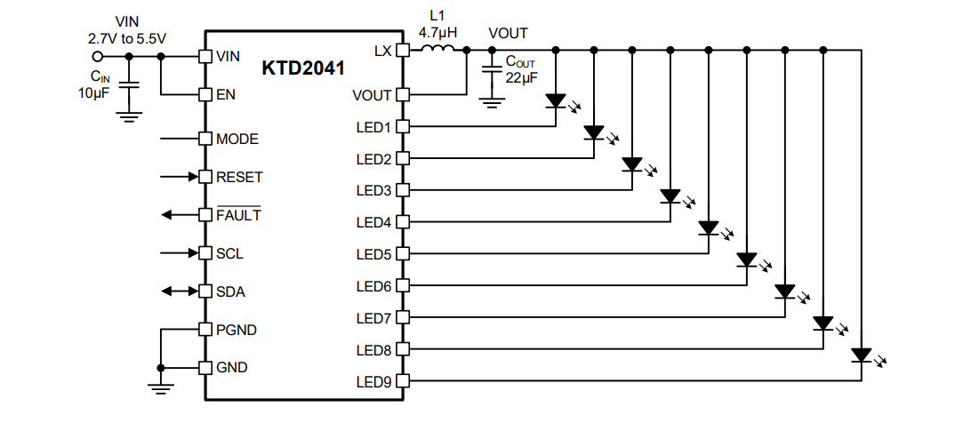 Application Circuit Diagram - Kinetic Technologies KTD2041 9-Ch IR LED Driver