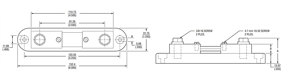 Mechanical Drawing - Bourns RSN Riedon™ DC Ammeter Shunt Resistors