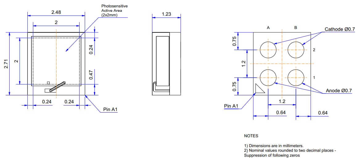 Mechanical Drawing - Broadcom AFBR-S4N22P014M NUV-MT Photomultiplier Array