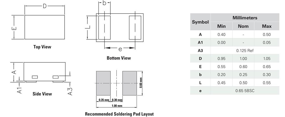 Mechanical Drawing - Littelfuse AQ0115-01ETG Bidirectional Discrete TVS Diode