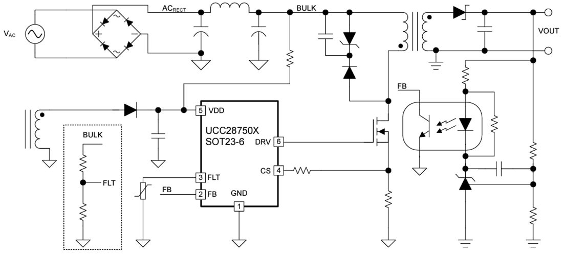Application Circuit Diagram - Texas Instruments UCC28750 Current-Mode Flyback Controller