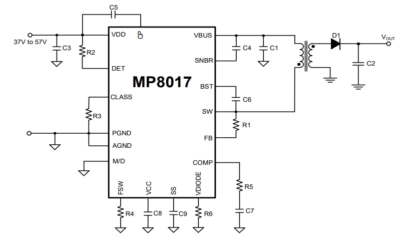 Application Circuit Diagram - Monolithic Power Systems (MPS) MP8017 PoE PD Solution