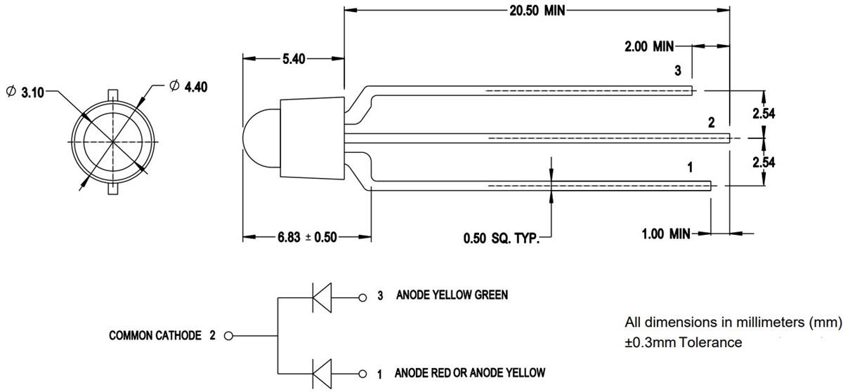 Mechanical Drawing - Broadcom HL3P-6xC0-000x Bicolor LEDs