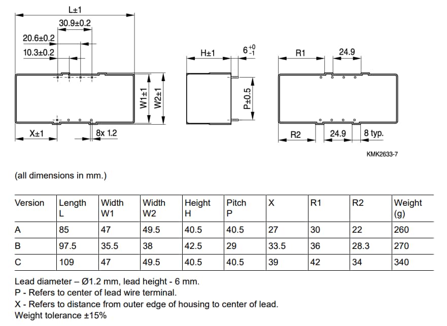 Mechanical Drawing - EPCOS / TDK xEVCap Lead Wire Film Capacitors