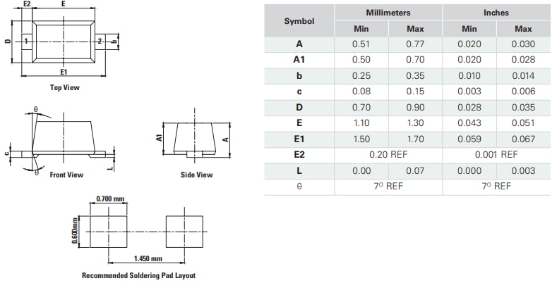 Mechanical Drawing - Littelfuse AQ1205-01LTG Bidirectional TVS Diode