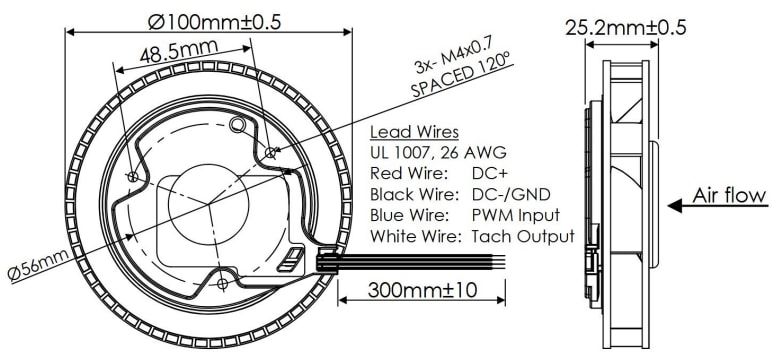 Mechanical Drawing - Orion Fans ODC10025 Compact 100x25mm DC Centrifugal Blowers
