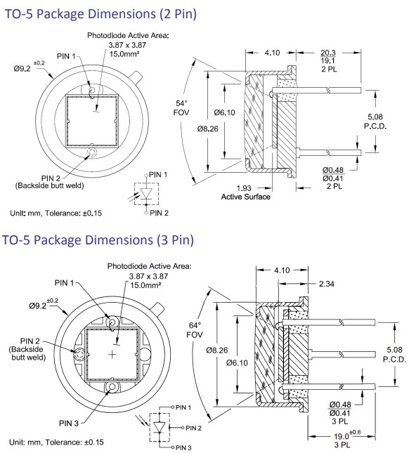Mechanical Drawing - Marktech Optoelectronics MT03 Silicon Photodiodes