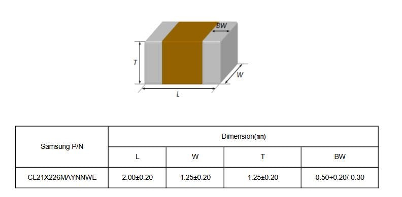 Mechanical Drawing - Samsung Electro-Mechanics 0805, 22µF Industrial High-Capacitance MLCCs