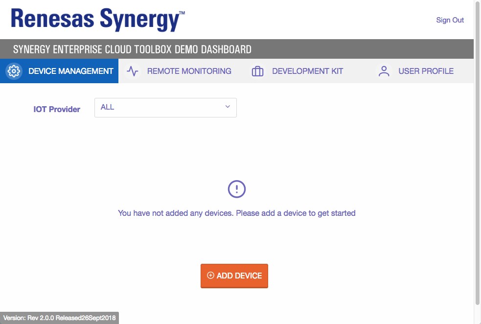 Use the Device Management tab to add your device to the Synergy Enterprise Cloud Toolbox Demo Dashboard to process and monitor incoming sensor data.
