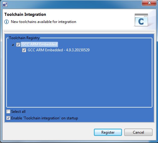 To initiate the&nbsp;e&sup2; studio registration, select the GCC ARM Embedded and Enable Toolchain integration on startup options in the Toolchain Integration dialogue box.