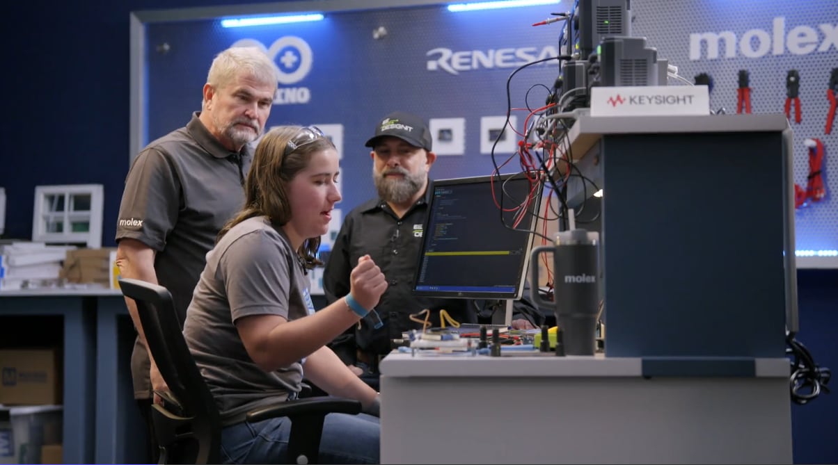Circuit Showdown scene featuring a student working at a computer station with branded backdrop while judges observe