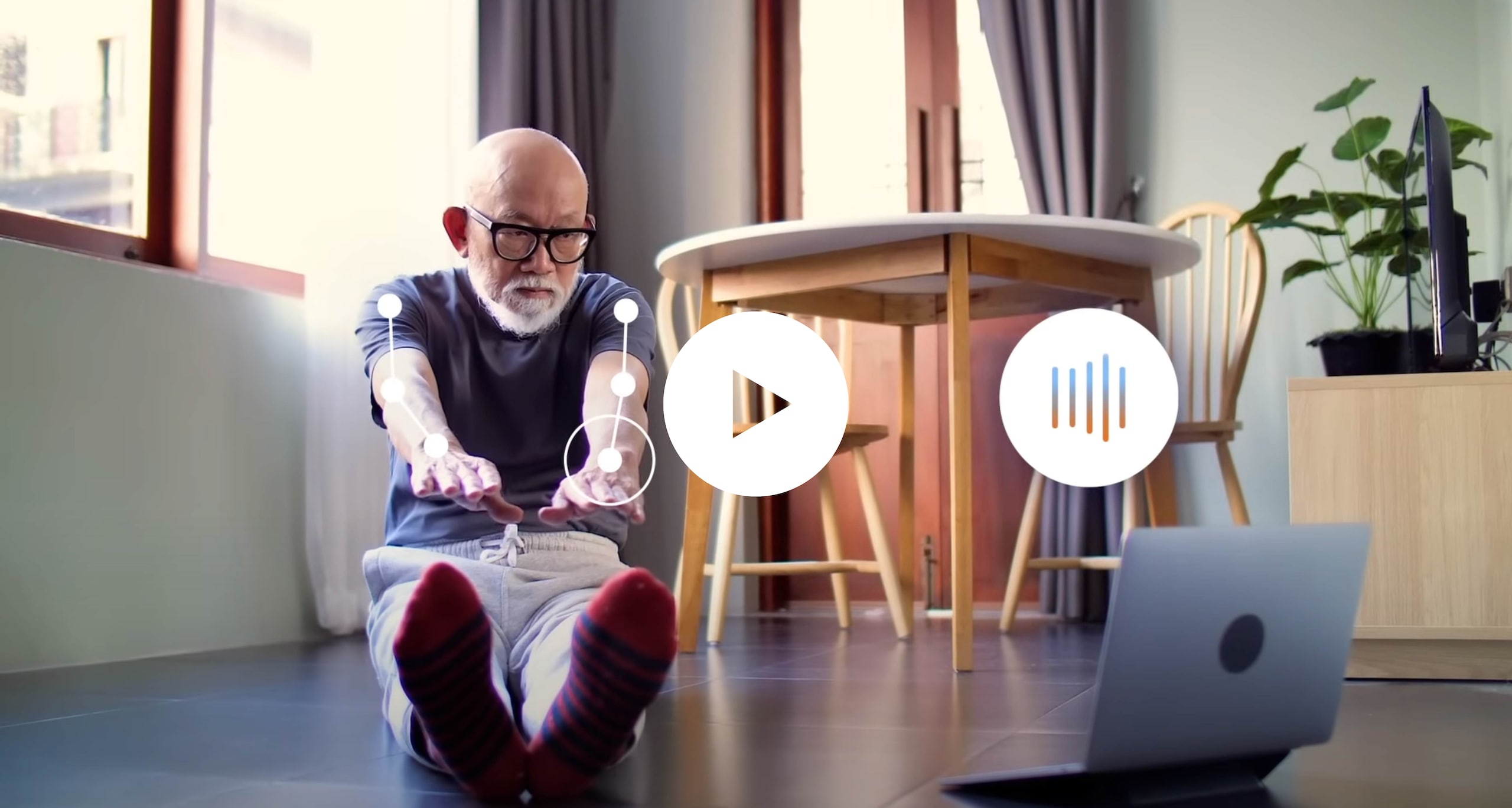 A man doing a plank on the floor, while looking at a tablet. Connecting lines are overlayed on his body aligning with joints and skeleton.
