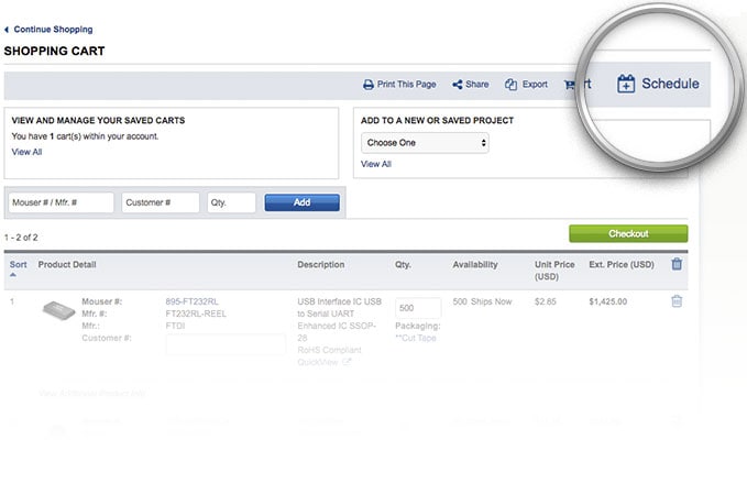 Schedule Order button highlighted on shopping cart page.
